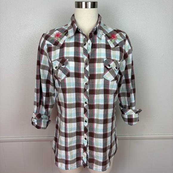 Shyanne Tops - Shyanne Cotton Western Snap Front Brown Plaid Shirt Sz L Floral Embroidery Rodeo